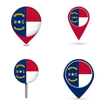 North Carolina State Flag Map Pin Icons Set Collection Stock Illustration