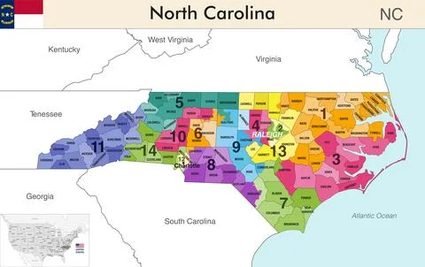 North Carolina state map with counties borders and congressional districts Stock Illustration