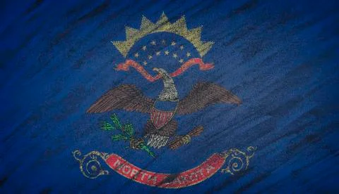 North Dakota flag painted with colored chalk on a blackboard. Stock Illustration