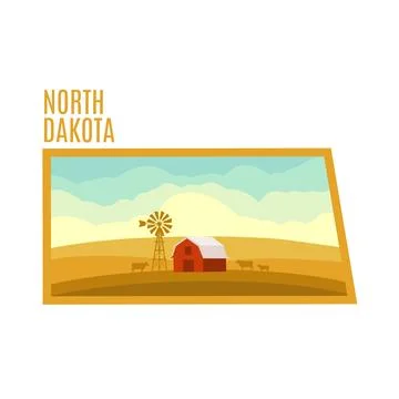 North Dakota Map Border with Prairie and Farm Illustrazione stock