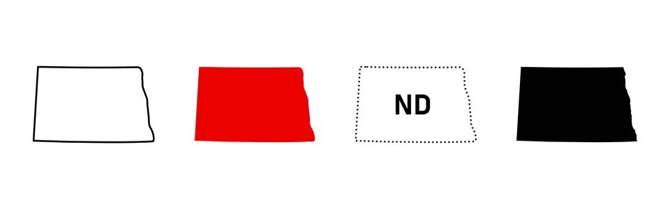North Dakota map icon set. State outline, red fill, ND dotted sign and blac.. Stock Illustration