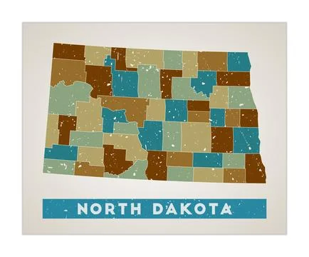 North Dakota map. Us state poster with regions. Old grunge texture. Shape o.. Stock Illustration