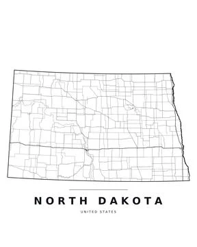 North Dakota ND Map Counties Highways Roads Black White Editable Vector Stock Illustration
