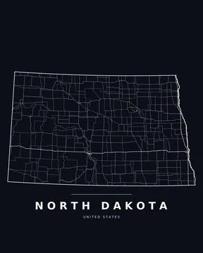 North Dakota ND Map Counties Highways Roads Dark Mode Editable Vector Stock Illustration