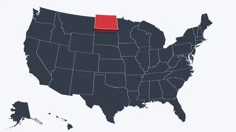 North Dakota Raised in 3D on US Election Map Neutral Teal Amber Scheme, White Stock Illustration