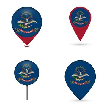 North Dakota State Flag Map Pin Icons Set Collection Stock Illustration