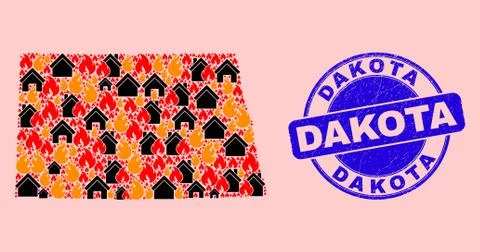 North Dakota State Map Composition of Fire and Buildings and Distress Dakota Ilustración de archivo