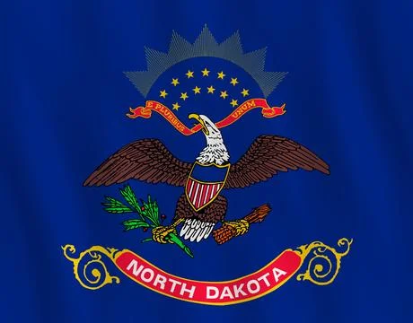 North Dakota US state flag with waving effect, official proportion. Stock Illustration