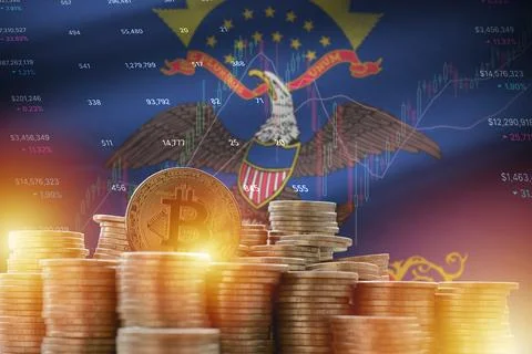 North Dakota US state flag and big amount of golden bitcoin coins and trading Stock Photos