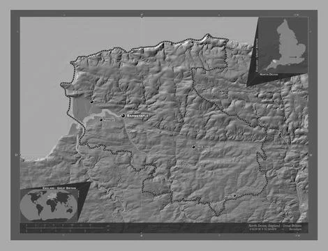 North Devon, England - Great Britain. Bilevel. Labelled points of cities Ilustración de archivo