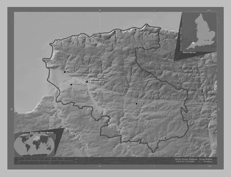 North Devon, England - Great Britain. Grayscale. Labelled points of cities Stock Illustration