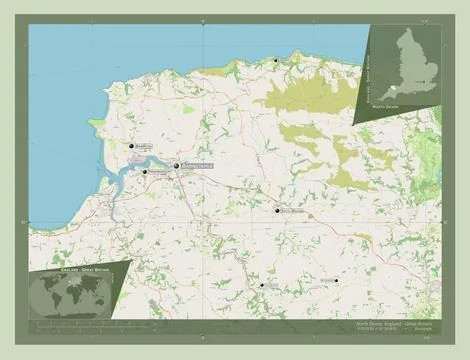 North Devon, England - Great Britain. OSM. Labelled points of cities Stock Illustration