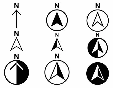 North direction compass arrow symbols in black and white with navigation Stock Illustration