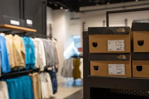 The North Face shoe boxes inside outlet store. Toronto, Canada - July 13, 2026. Stock Photos