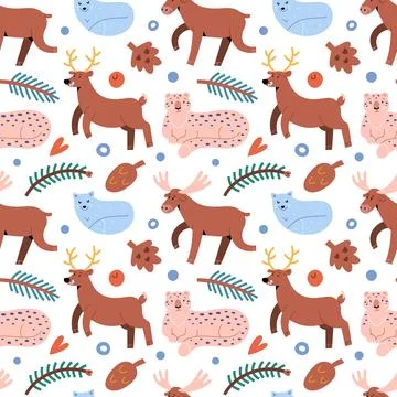 North forest animals pattern, cute reindeer, funny moose and white arctic fox Stock Illustration