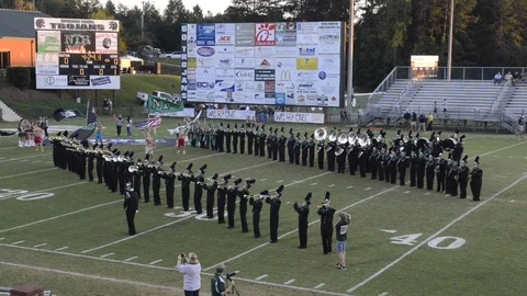 North Hall High School Marching Band perfom during football pregame. HD Stock Footage 108866051