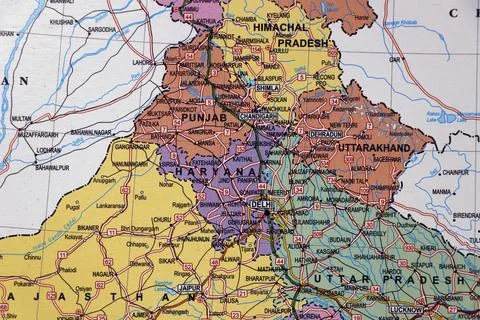 North india map with state borders, delhi, punjab, haryana in close up Stock Photos