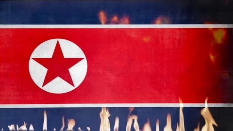 North Korea Flag in Fire Stock Footage 81737445