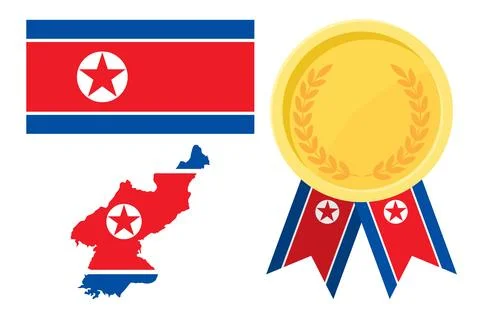 North Korea flag with map and gold medal in set for web and banners or app .. Stock Illustration