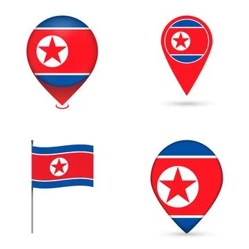 North Korea Flag Map Pin Icons Set Collection. Illustrazione stock