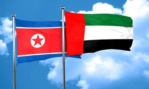 North Korea flag with UAE flag, 3D rendering Illustrazione stock