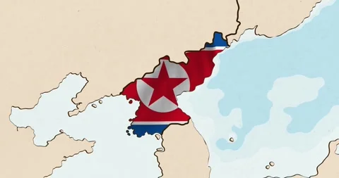 The north korea flag waving inside the country on a world map Stock Footage 339033334
