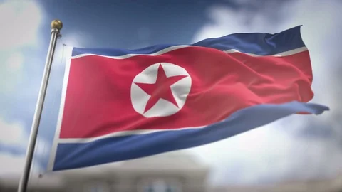 North Korea Flag Waving Slow Motion 3D Rendering Blue Sky Background - Seam.. Stock Footage 75348232