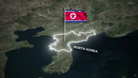North Korea Map Animation with 3D Waving National Flag Animation on World Map Stock Footage 330070978