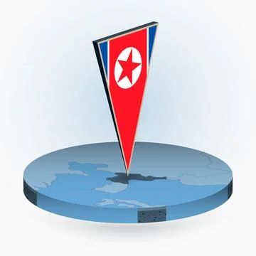 North Korea map in round isometric style with triangular 3D flag of North Kor Stock Illustration