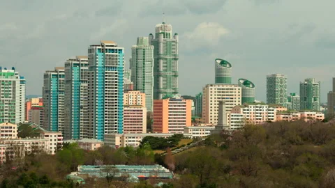 North Korea, Pyongyang - Panoramic shooting of the central part of capital city 動画素材 341756971