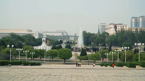 North Korea, Pyongyang, view of the square and Mansudae Fountain Park Stock-Footage 89657197
