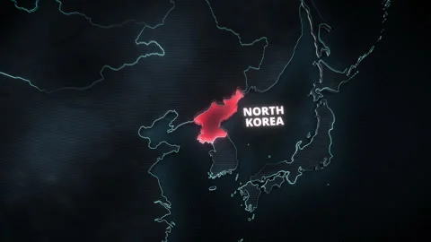 North Korea Red Alert Map On High-Tech Dark Geopolitical Dashboard Stock Footage 336565343