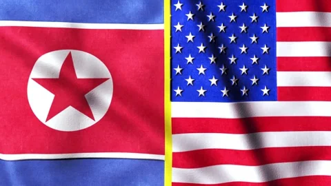North Korea vs USA Flags Waving Animation Loop for Geopolitical Concept. 库存影片 335916141