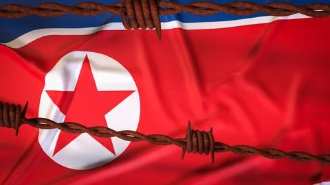North Korean Flag Behind Rusty Barbed Wire Barrier 3d render. Stock Illustration