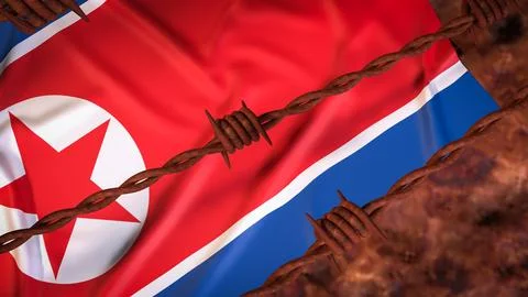 North Korean Flag Behind Rusty Barbed Wire Barrier 3d render. Stock Illustration