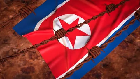 North Korean Flag Behind Rusty Barbed Wire Barrier 3d render. Stock Illustration