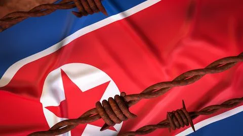 North Korean Flag Behind Rusty Barbed Wire Barrier 3d render. Stock Illustration