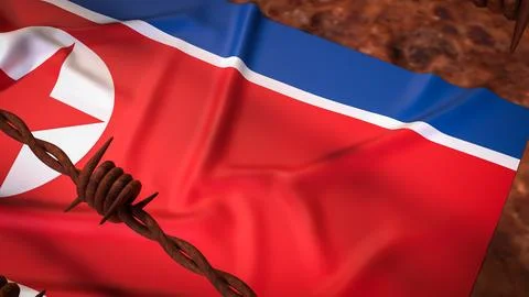 North Korean Flag Behind Rusty Barbed Wire Barrier 3d render. Stock Illustration