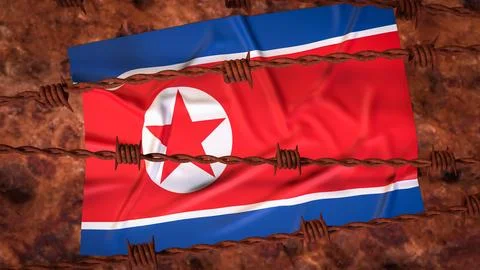 North Korean Flag Behind Rusty Barbed Wire Barrier 3d render. Stock Illustration