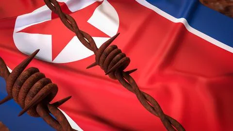 North Korean Flag Behind Rusty Barbed Wire Barrier 3d render. Stock Illustration