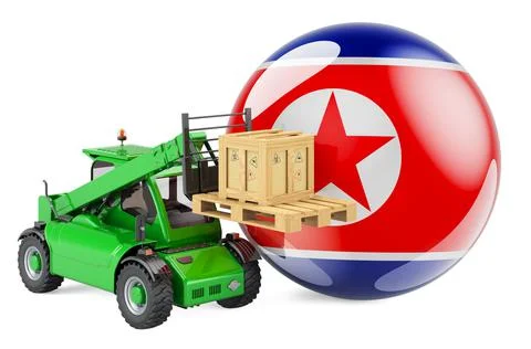 North Korean flag with telescopic handler truck and parcel. Cargo shipping in Illustrazione stock