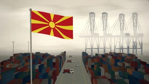 North Macedonia Flag Flying Over A Container Port Terminal In Morning Haze Stock-Footage 344472601