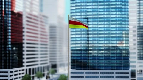 North Ossetia Flag 3D Render Animation Waving in Front of Modern Glass Build Video stock 332951310