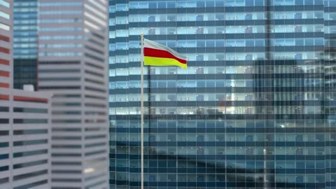 North Ossetia Flag 3D Render Animation Waving Against Glass Office Building  Stock Footage 333022259