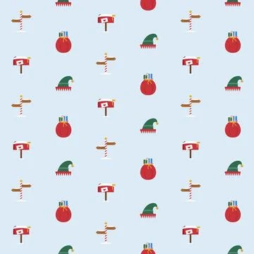 North Pole Christmas seamless pattern with elf hats, Santa gift sacks, signposts Stock Illustration