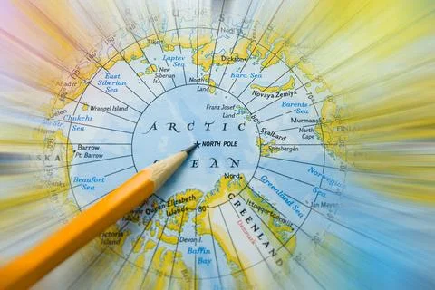North pole on the map. Pencil pointing out on the city or state Stock Photos