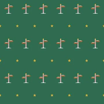North Pole signpost seamless pattern with candy cane striped poles and gold Stock Illustration