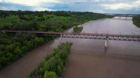 North Saskaatchewan River in Edmonton, Canada, Flood Event Stock Footage 337910927