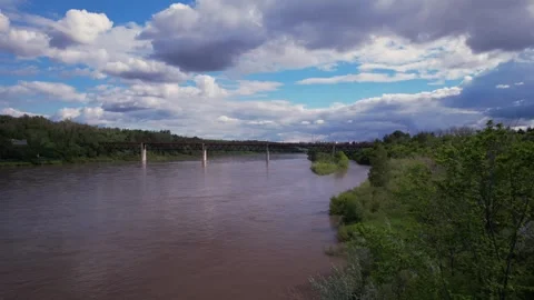 North Saskaatchewan River in Edmonton, Canada, Flood Event Stock Footage 337911148