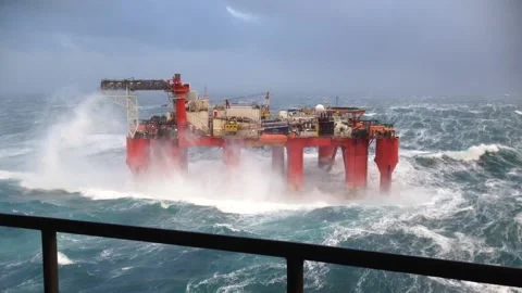 North Sea Oil Rig Rocks in Big Waves, North Sea - 10 Jan 2015 Stock Footage 205323725